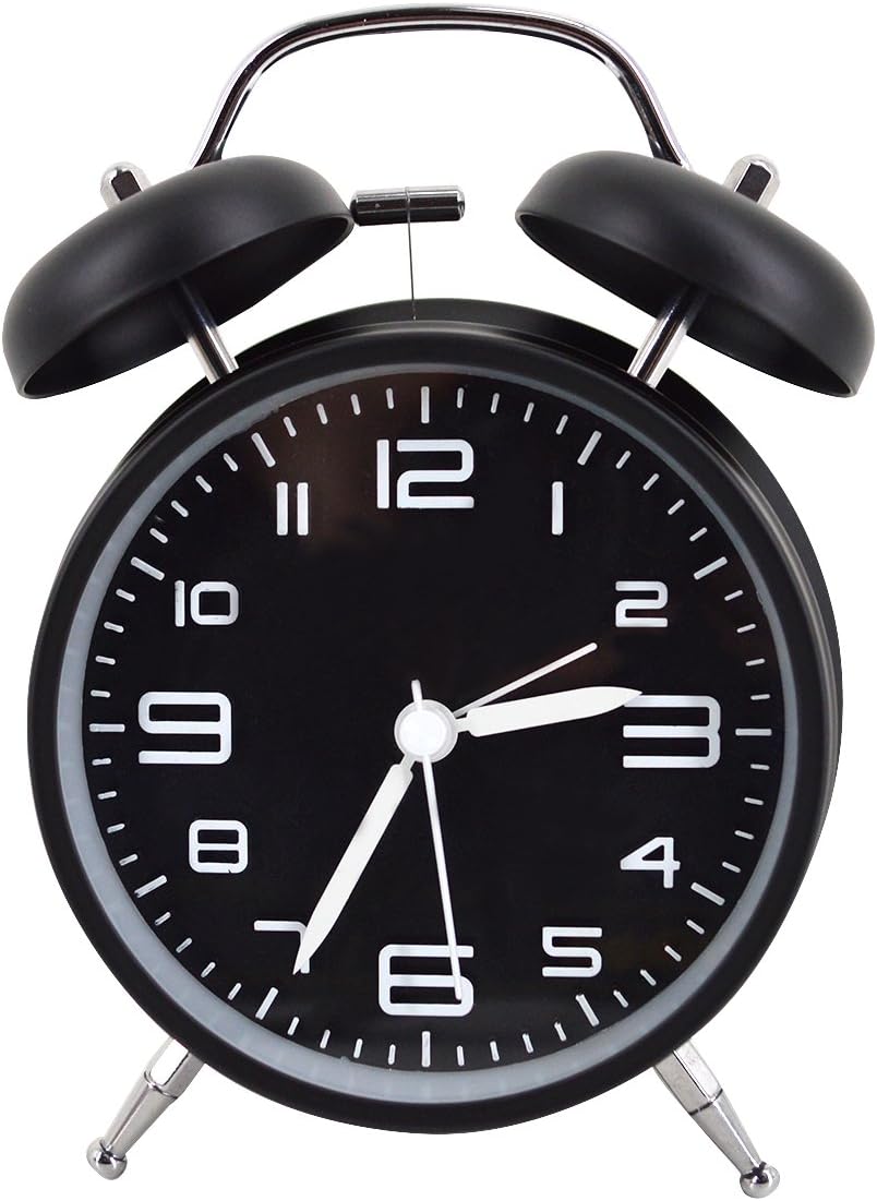 可爱圆形金属闹钟双铃石英桌钟背光夜灯家庭装饰日常闹钟 黑色 均码