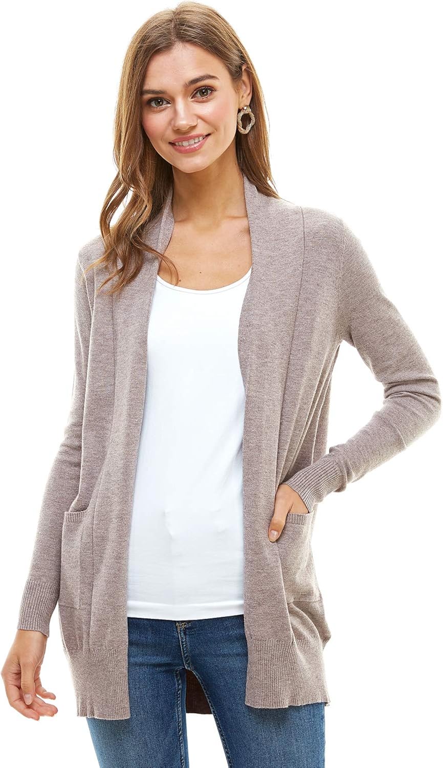 女式休闲前开襟秋季开衫 - 轻质柔软针织毛衣,带口袋