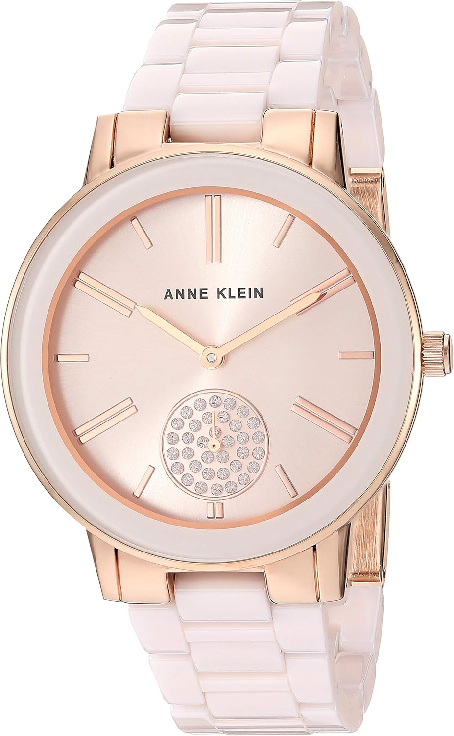 anne klein 女式施华洛世奇水晶点缀玫瑰金和浅粉色陶瓷手链手表,ak