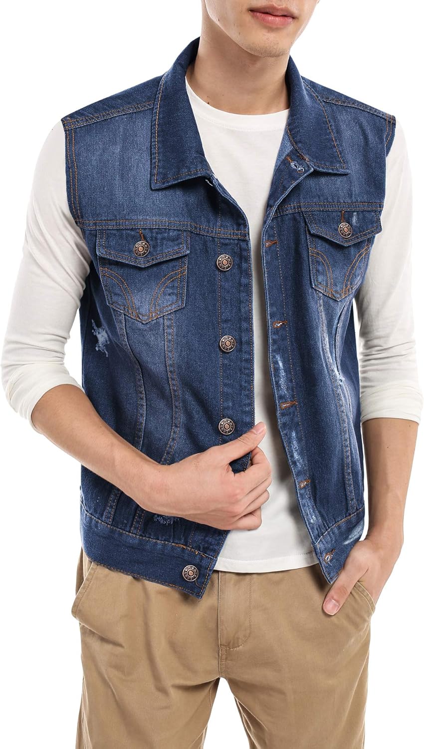 男式休闲修身牛仔背心无袖系扣翻领牛仔背心破洞复古牛仔夹克背心