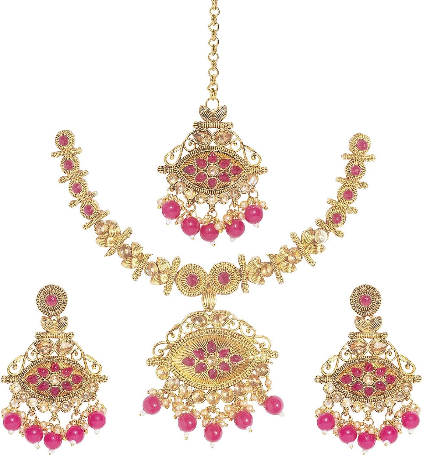 bodha 18k 传统印度宝莱坞古董镀金一克新娘首饰组合项链套装带提卡和