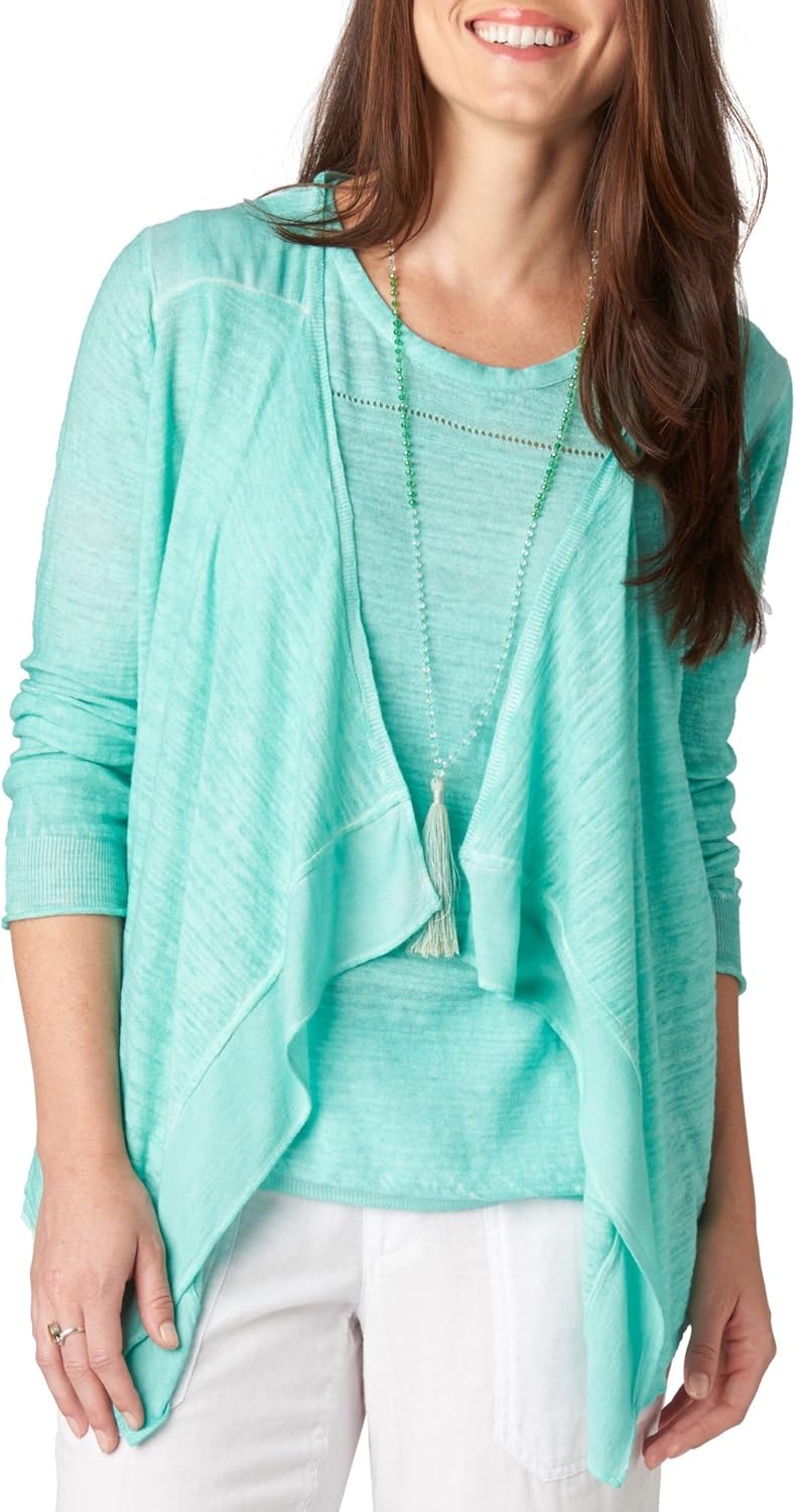 democracy 女士针织毛衣开襟羊毛衫,编织后背,正面有层叠